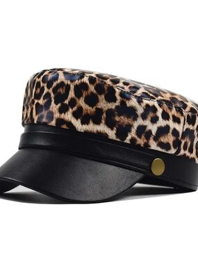 Leopard Print Faux Leather Baker Boy Cap - Black & Leopard